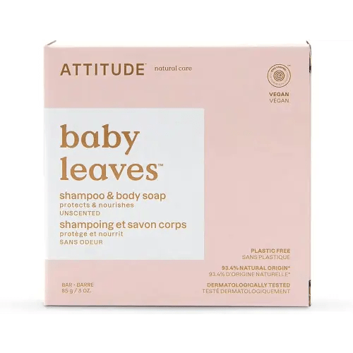 ATTITUDE Baby Plastic-Free Shampoo and Body Soap Bar, EWG Verified, Dermatologically Tested, Vegan, Unscented, 3 Ounces