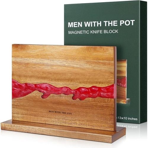MEN WITH THE POT Magnetic Knife Block 13 x 10 Inches, Double Sided Magnetic Knife Holder Rack for Kitchen Counter Top, Space Saving Wood & Red Resin Knife Storage, Women Kitchen Essentials, Gift Box