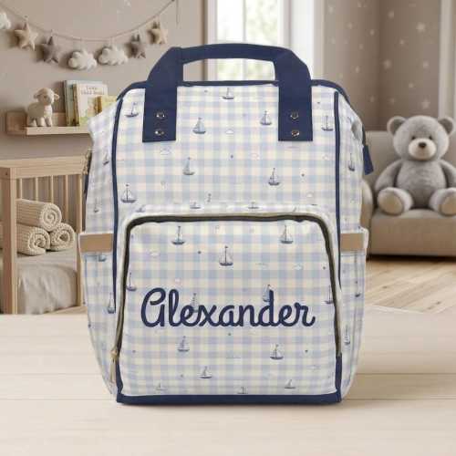 Custom Name Nautical Diaper Bag Sailboat Blue Gingham Backpack Personalized Baby Boy Bag Baby Shower Gift For New Parents Daycare Bag