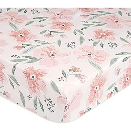 Crane Baby Floral Crib Sheets, 100% Cotton, Breathable Baby Bedding for Standard Mattress, Pink Nursery Decor, Machine Washable Pink Floral Crib, Toddler Sheets