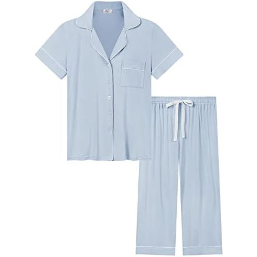 Joyaria Women Bamboo Viscose Capri Pajamas Set Cooling Button Down Pjs Short Sleeve Sleepwear Soft Loungewear S-XXL