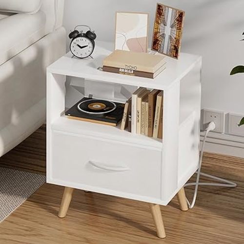 Night Stand with Charging Station, White Kids Nightstand with Drawer, 3-Tier Nursery Bedside Table with USB Ports and Outlets, End Table for Small Space, Living Room, Bedroom