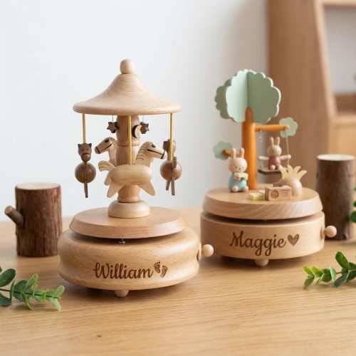 Personalized Wooden Music Box, Musical Wooden Ballerina Carousel, Baby Shower Gift, Birthday Gift for Kids, Newborn Baby Keepsake