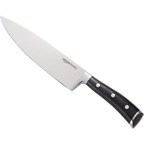 Amazon Basics Classic 8-inch Full Tang High Carbon Stainless Steel Chef's Knife, Multipurpose Kitchen Knife with Three Rivets, Silver