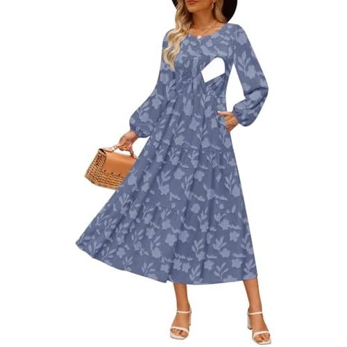 CzzzyL Women's Nursing Dresses Fall Boho Floral Maxi Dress Breastfeeding Long Sleeve Crewneck Wedding Guest with Pockets