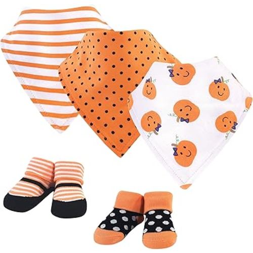 Hudson Baby Unisex Baby Cotton Bib and Sock Set, Girl Pumpkin, One Size