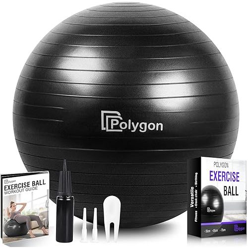 Polygon Exercise Ball, Professional Grade Anti-Burst Balance Ball for Yoga, Birthing, Stability, Core Exercise, Fitness, Workout Guide Included