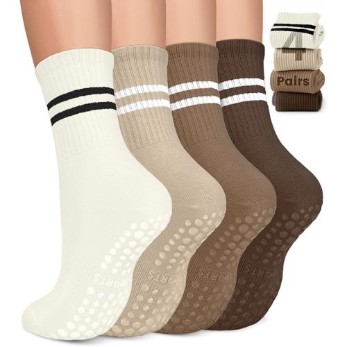 Pilates Socks for Women, Non Slip Grip Socks for Yoga, Barre, Hospital, Grippy Socks Womens Gifts, 4 Pairs