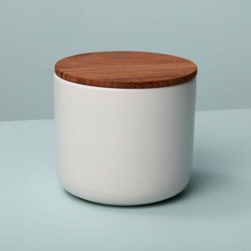 Stoneware White Container with Acacia Lid