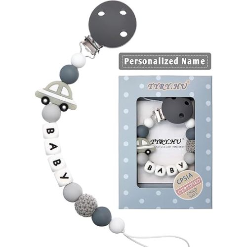 Personalized Pacifier Clip with Name for Baby, Customized Pacifier Clip Fits All Pacifiers, Baby Birthday Christmas Gift for Boys and Girls, Car (Grey)