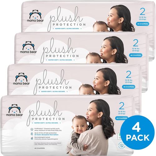 Amazon Brand - Mama Bear Plush Protection Diapers - Size 2, One Month Supply, Hypoallergenic Premium Disposable Baby Diapers, 184 Count (Pack of 4), White and Cloud Dreams