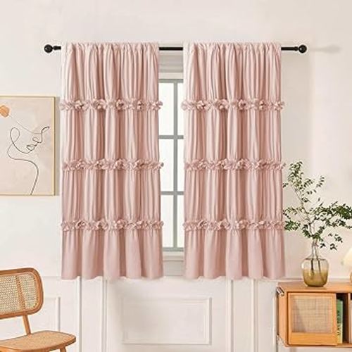 Thermal Insulated Blackout Window Curtains, 42" W x 63" L (Pair), Boho Ruched Window Treatments with 3 Rows of Butterfly Flowers, Rustic Rod Pocket Drapes for Room, Peach Pink (LQ-30)