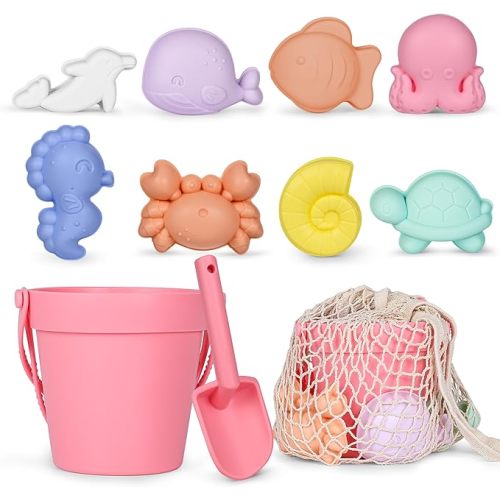 MarcZero 11Pcs Silicone Beach Toys,Modern Baby Beach Toys,Travel Friendly Beach Set,Eco Friendly Toy,Silicone Bucket, Shovel, 8 Sand Molds, Beach Bag,Silicone Sand Toys for Toddlers, Kids (Peach Pink)