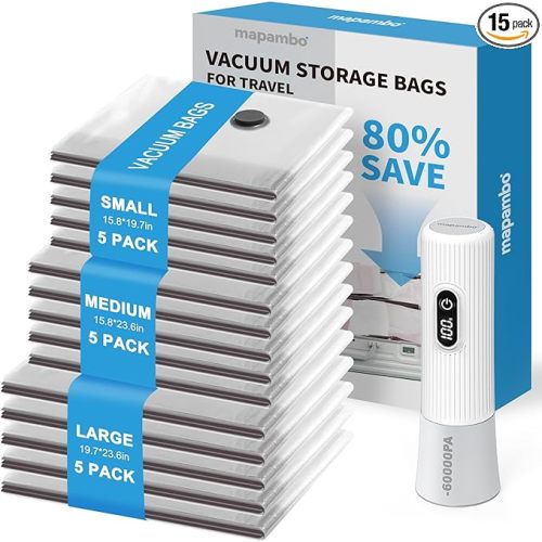 Mapambo Travel Vacuum Bags with -60000Pa LED Electric Pump, 15 Pack Vacuum Seal Bags for Clothing Travel in 3 Combo sizes, Space Saver Vacuum Storage Bags, Saving up to 80% of Space (15 Combo)