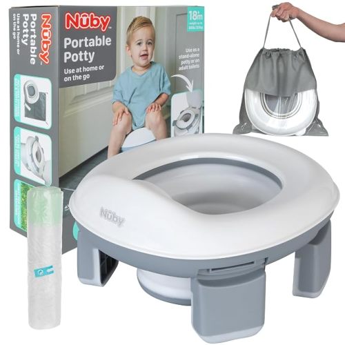 Nuby On-the-Go Portable Potty Seat - Collapsible Travel Toilet Seat for Boys and Girls 18+ Months - Includes Storage Bag and Disposable Liners - Toddler Potty Training Toilet