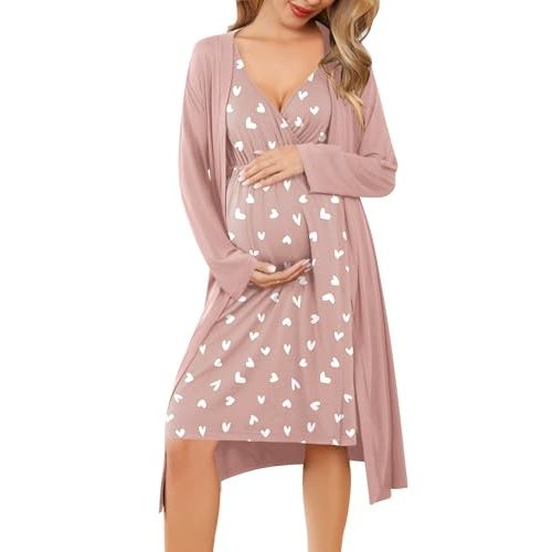 Ekouaer Maternity Nursing Gown and Robe Set Labor Delivery Nursing Nightgowns for Breastfeeding Pregnancy Clothes