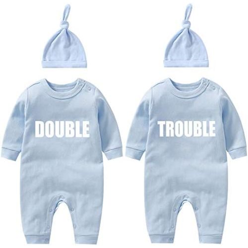 Baby Twins Bodysuits Newborn Baby Boy Outfit Funny Double Trouble Clothing Girl Romper With Hat