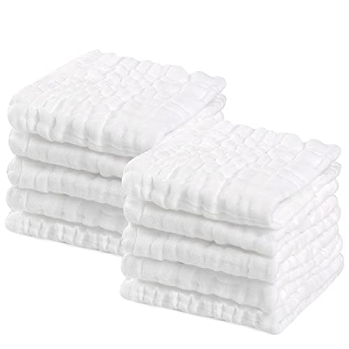 PPOGOO Muslin Washcloths Natural Purified Cotton Baby Wipes Soft Newborn Face Towel 10 Pack Multipurpose