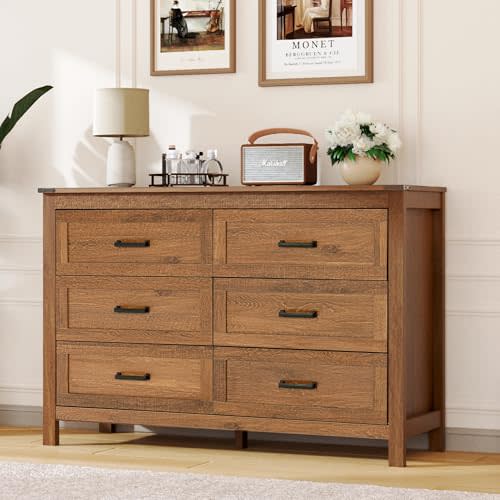 EazeHome Farmhouse 6 Drawer Dresser for Bedroom, 47.2” Wide Chest of Drawers with Metal Handle, Wooden Storage Organizer for Living Room, Hallway, Brown