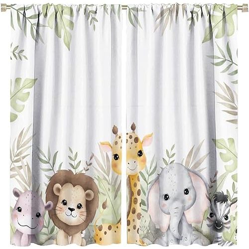 Nursery Curtains Jungle Safari Theme with Giraffe Print, Kids Room Classroom Decor, 42x63 Inches, 75% Blackout Fabric for Baby Nursery, Animal Cub Design, Easy Install & Machine Washable