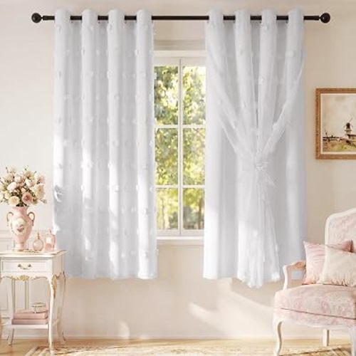 RYB HOME 100% Blackout Double Layer Pom Pom Curtains 63 Inch for Nursery