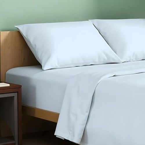 TEXAS LINEN CO. 100% Organic Cotton Sheets Queen Size - 4 PC Organic Cotton Queen Size Percale Weave Sheet Set, Soft, Cooling, Crisp, 16" Deep Pocket Hotel Quality Bedding Set - Light Blue