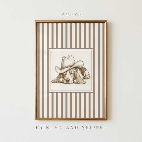 Vintage Sleeping Basset Hound Print | Watercolor Cowboy Dog Wall Art | Western Nursery or Pet Lover Gift