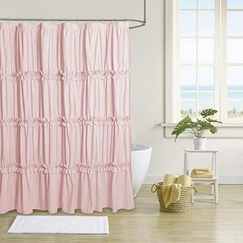 Farmhouse Ruffle Shower Curtain, Peach Pink, 72 x 72 in