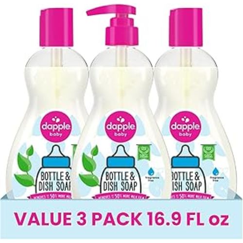 Dapple Baby Fragrance Free Bottle & Dish Soap - (3 Pack) 16.9 fl oz - Cleans Baby Bottles, Sippy Cups, Pacifiers, Breast Pumps, & More - Gently Removes Milk Film & Odors - Includes 1 Pump