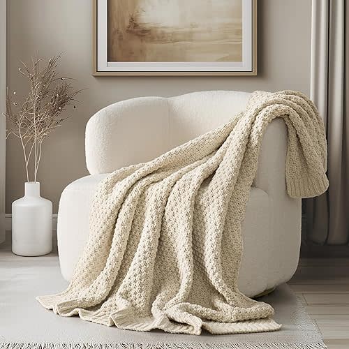 EVERGRACEHOME Chunky Chenille Knit Throw Blanket, 50 x 60, Beige