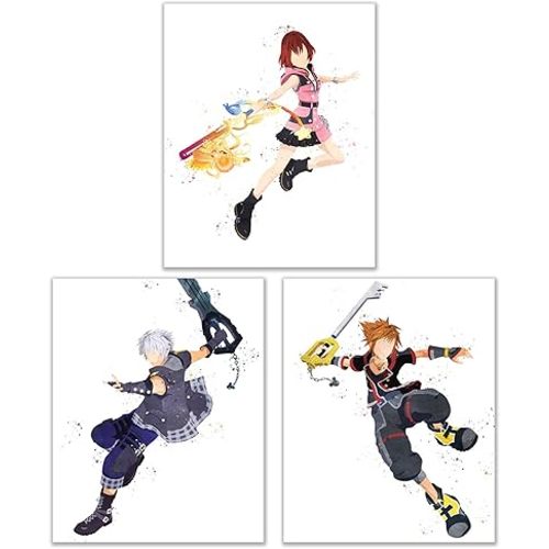 Watercolor Kingdom Hearts Poster Prints - Set of 3 (8x10) Glossy KH3 Keyblade Wall Art Decor - Sora - Riku - Kairi