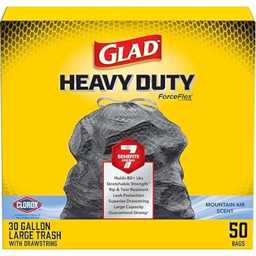 Glad Large 30 Gallon Trash Bags, Clorox Mountain Air Heavy Duty Garbage Bags, Forceflex with Drawstring, 50 Count (Packaging May Vary)