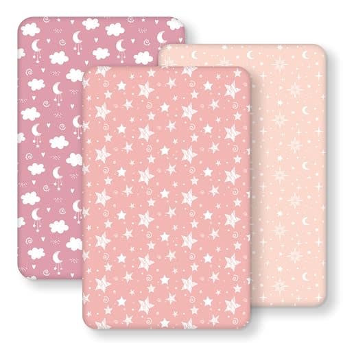 FIEMOL Baby Bedside Bassinet Sheets Fitted, 33”x20” Compatible with Baby Delight Dream On Me & Most Rectangle Bedside Sleeper Bassinet Mattresses, Super Soft Microfiber Pink Stars