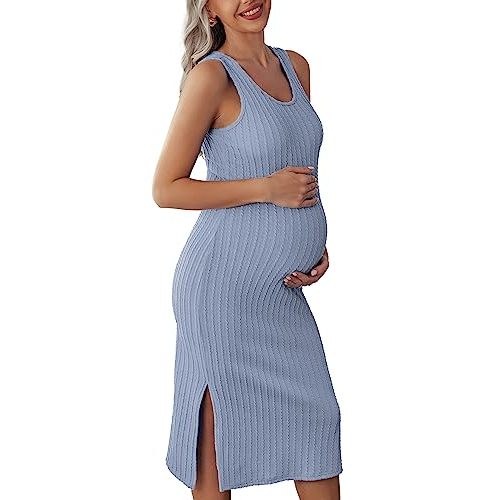 Ekouaer Women's Maternity Dress Rib Knit Sleeveless Tank Side Slit Bodycon Dresses Pregnancy Clothes S-XXL