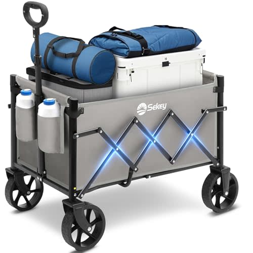 Sekey Heavy Duty Wagon with Big Wheels, Foldable Cart with 220LBS Capacity, Utility Lightweight Wagon, Collapsible Grocery Shopping Cart for Camping Sports & Holiday. Gray
