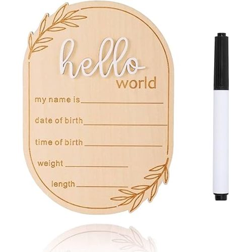 Baby Announcement Sign, 5.91x4.13 Inch Wooden Hello World Newborn Signs, Birth Announcement Sign, Ear of Wheat Decoration, Welcome Newborn Arrival to World, Hospital Nursery for baby (White,Pen)