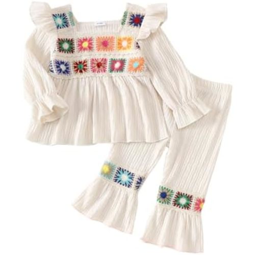 Baby Girl 2pcs Fall Outfits Embroidered Floral Print Long Sleeve Top and Flared Pants