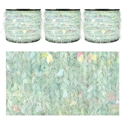 Hand-Blended Multifiber Multicolored Fancy Yarn with Iridescent Glitters for Knitting Crocheting Crafts DIY, Set of 3 Rolls (Light Green)