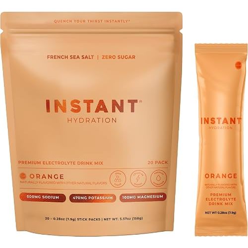 Instant Hydration Sugar Free Electrolytes Powder Packets - Orange Citrus Electrolyte Drink Mix & Travel Essentials - Post Workout Recovery, Brain Health, Muscle & Tissue Support - 20 Sticks