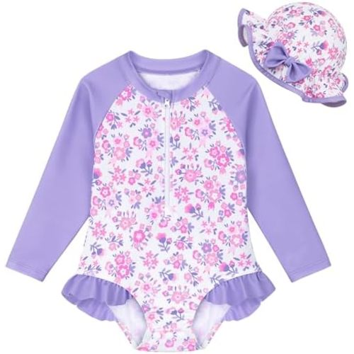 Infant Baby Girl Swimsuit Long Sleeve Rash Guard One Piece Swimwear with Hat Ruffle Bathing Suit with Zipper