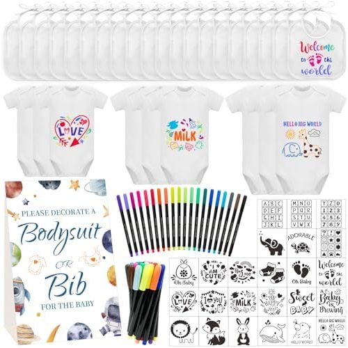 Bibs Bodysuits Baby Shower Game Sign Set Newborn Onesies Feeder Gift Fabric Marker Stencils Kit