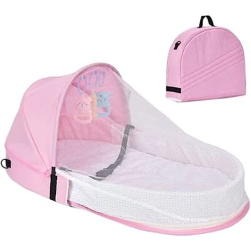 Dan&Dre Baby Travel Cot with Mesh Cover and Canopy Foldable Crib with Toy Bar, Converts to Carry Bag, for Ages 018 Months (Pink)