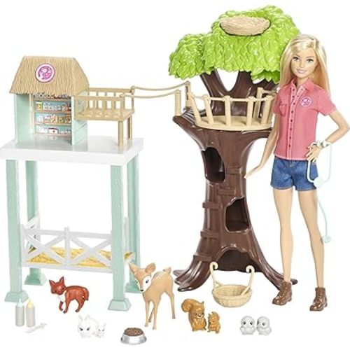 Barbie Vet Doll & Playset, Animal Rescuer Theme with 8 Wildlife Figures, Treehouse, Care Station, Rope Bridge & Accessories