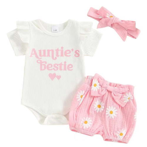 Staki Baby Girl Short Top and Pants Set Newborn Baby Girl Clothes Summer Knit Ribbed Print Short Sleeve Romper Shorts Headband Outfit Set 0-18M(Pink,12-18 Months)