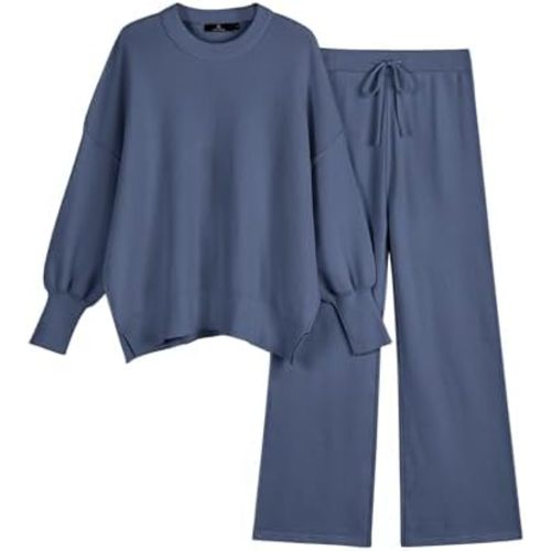 LILLUSORY Women 2 Piece Outfits Sweatsuit Oversized Knit Pullover Sweater Tops Wide Leg Pants Lounge Set
