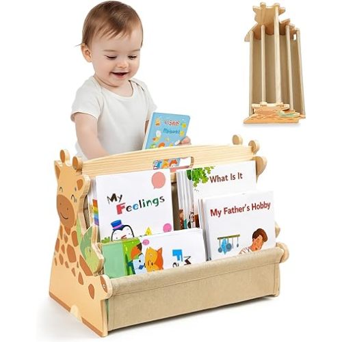 Toddler Bookshelf Double-Sided with 4 Tier Deep Sleeves Kids Wooden Montessori Book Rack for Baby Nursery Room, Playroom, Classroom or Bedroom Bookcase Storage Organizer, Light Wood Giraffe