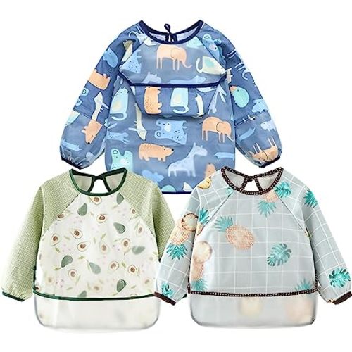 3 Pack Baby Bibs with Sleeves, SUPTMAX Long Sleeve Bib Waterproof Sleeved Bib Toddler Bib Baby Girl Bibs