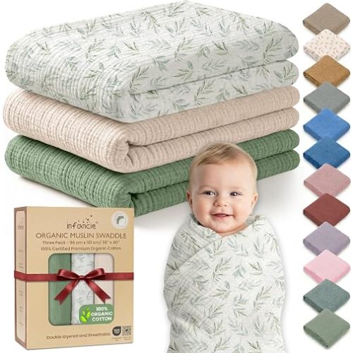 100% Organic Cotton 3 PK Muslin Blanket for Baby Girl 38x40 Inch