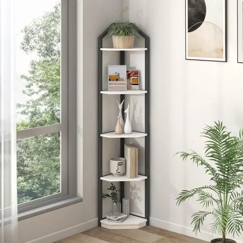 Fun Memories 5 Tier Corner Shelf, 70” Corner Shelf Stand, Corner Bookshelf Plant Stand, Storage Shelf for Bathroom, Living Room, Kitchen,White Home Office, White