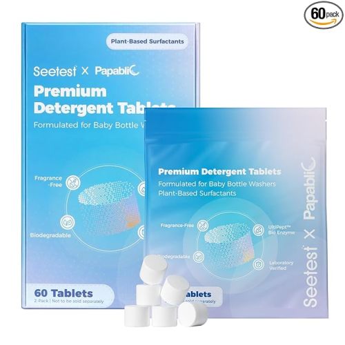 Papablic Upgraded 60Pcs Baby Bottle Washer Tablets, UltiPept Enzyme Formula, 1 Tablet Deep Cleaning, No Residue, Gentle for Bottles & Pump Parts, Fits All Brands of Baby Bottle Washer